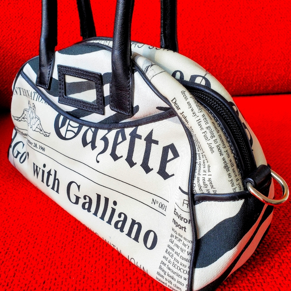 John Galliano Black and White Newspaper-Print Satchel